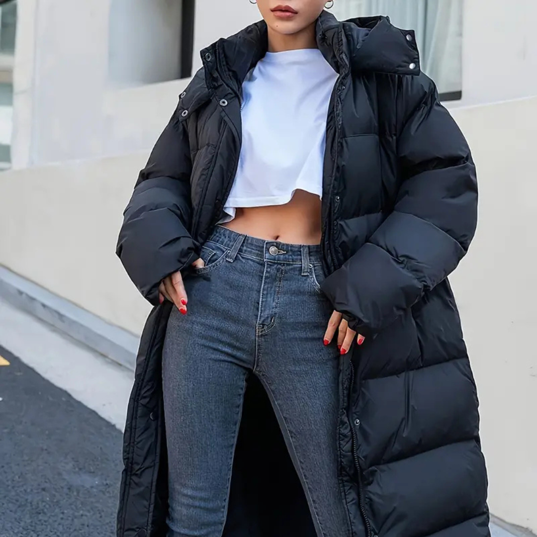 Women's Longline Padded Puffer Jacket with Hood and Stand Collar
