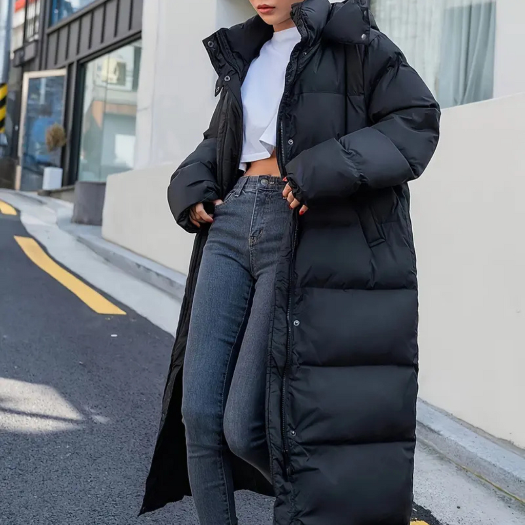 Women's Longline Padded Puffer Jacket with Hood and Stand Collar