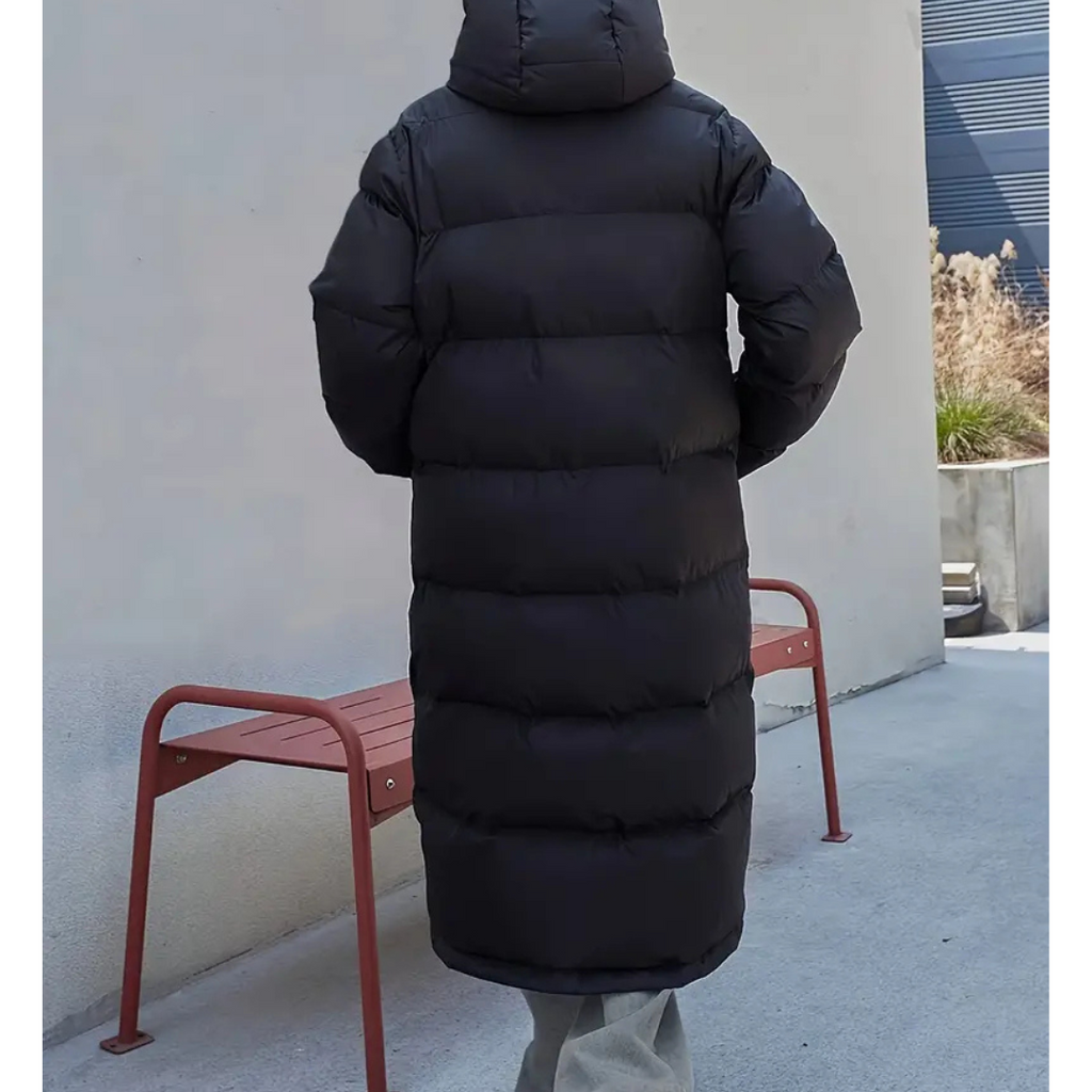 Women's Longline Padded Puffer Jacket with Hood and Stand Collar