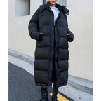 Women's Longline Padded Puffer Jacket with Hood and Stand Collar