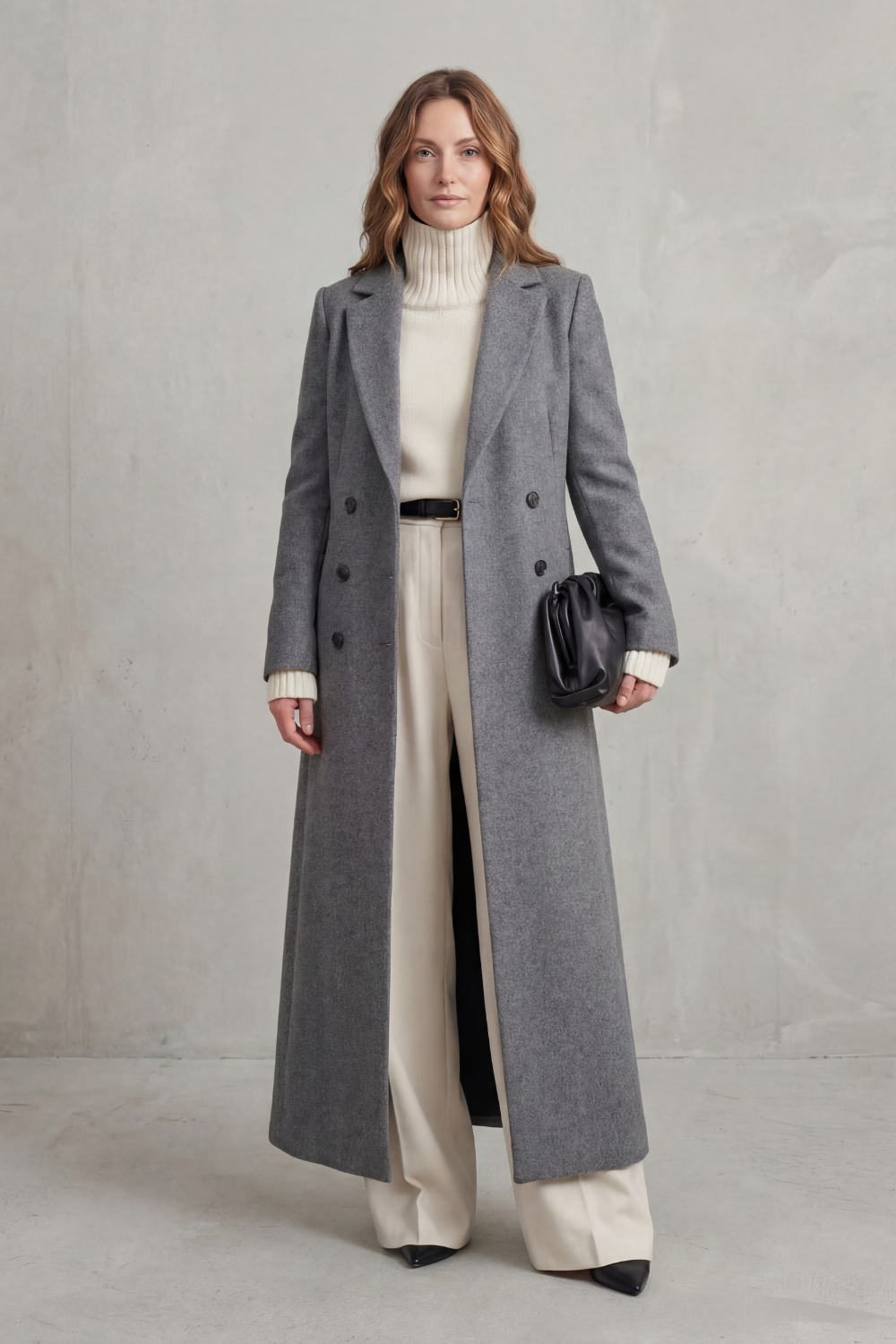 Women's Double Breasted Long Coat with Lapel Collar and Button Front