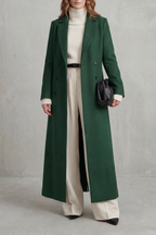 Women's Double Breasted Long Coat with Lapel Collar and Button Front