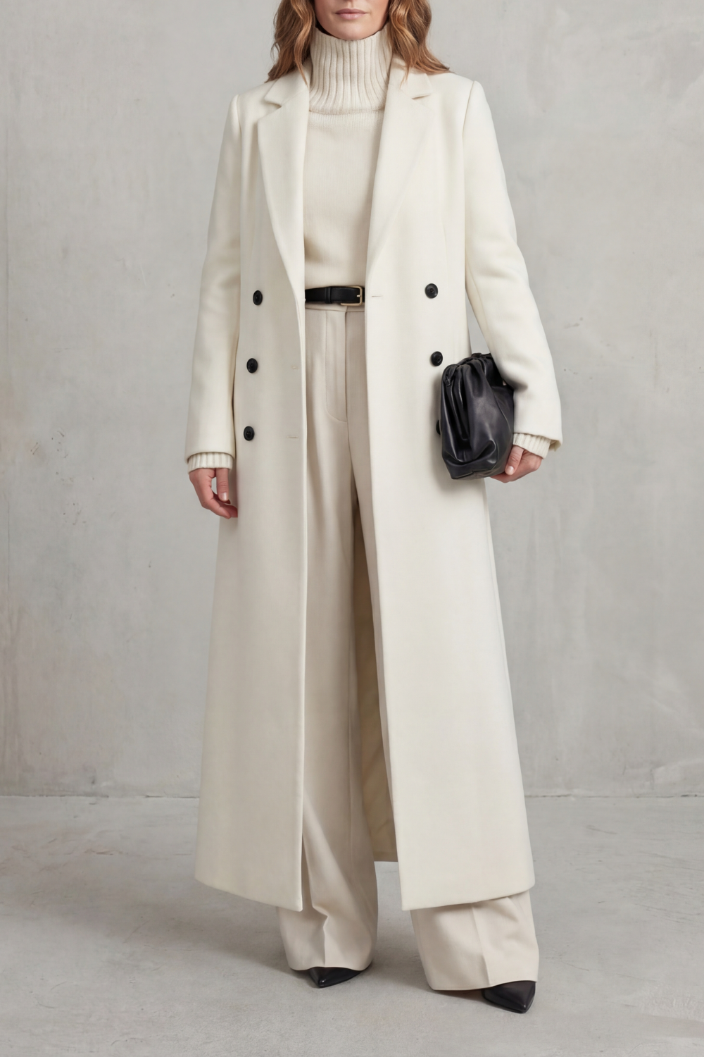 Women's Double Breasted Long Coat with Lapel Collar and Button Front