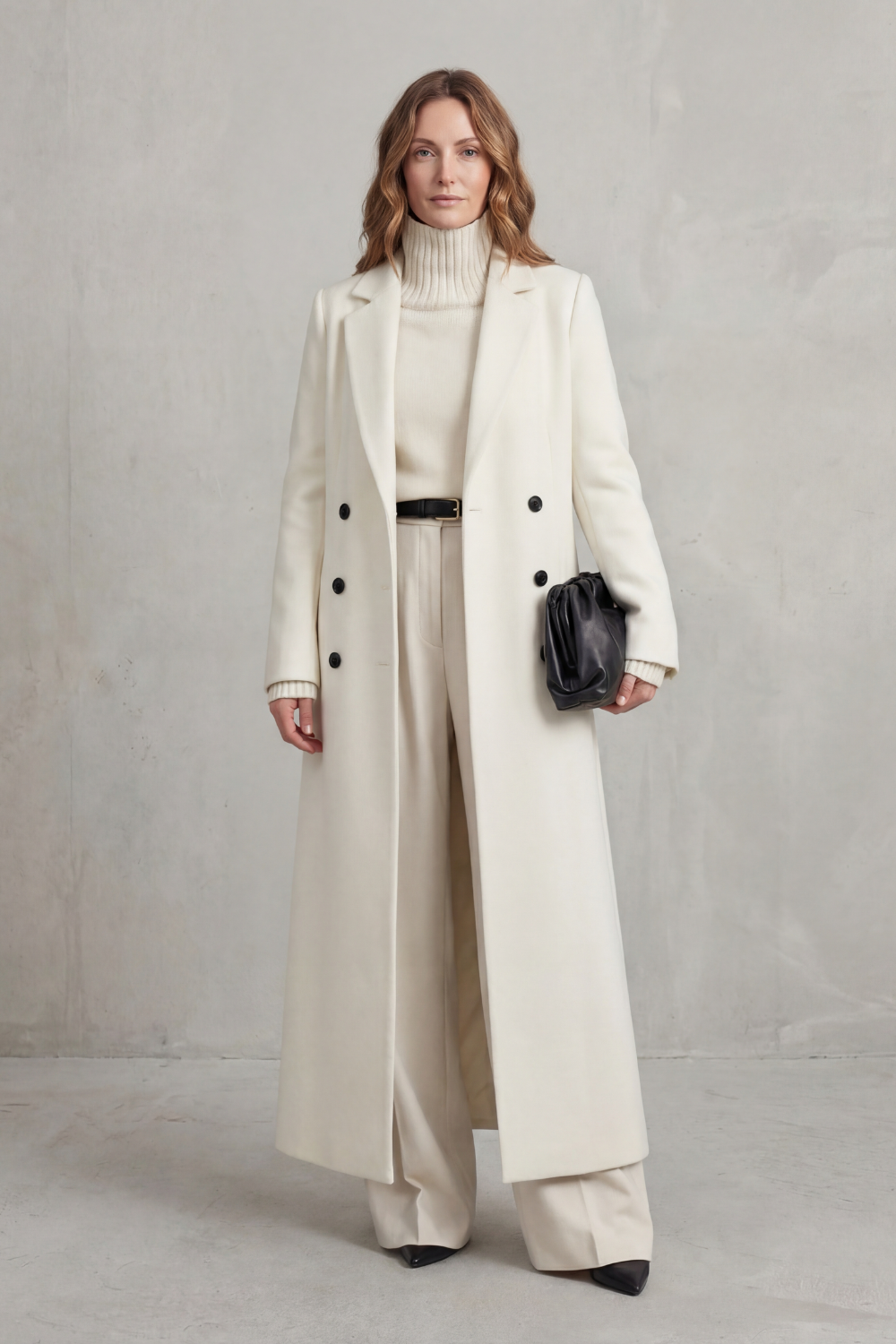 Women's Double Breasted Long Coat with Lapel Collar and Button Front