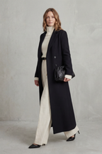 Women's Double Breasted Long Coat with Lapel Collar and Button Front