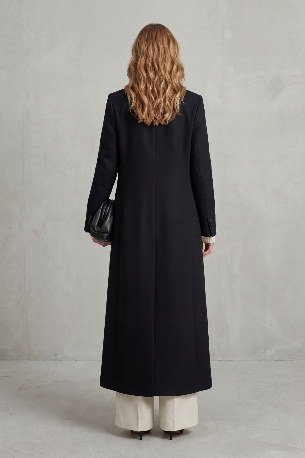 Women's Double Breasted Long Coat with Lapel Collar and Button Front