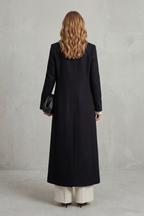 Women's Double Breasted Long Coat with Lapel Collar and Button Front