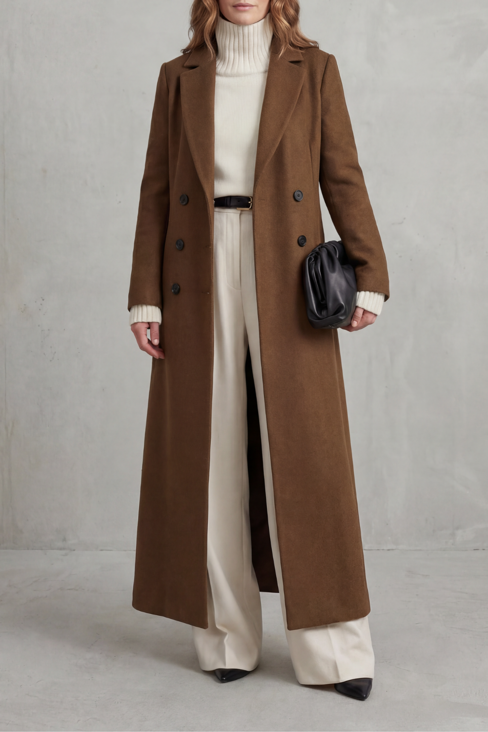 Women's Double Breasted Long Coat with Lapel Collar and Button Front