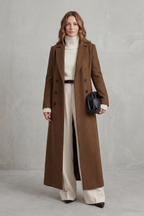 Women's Double Breasted Long Coat with Lapel Collar and Button Front