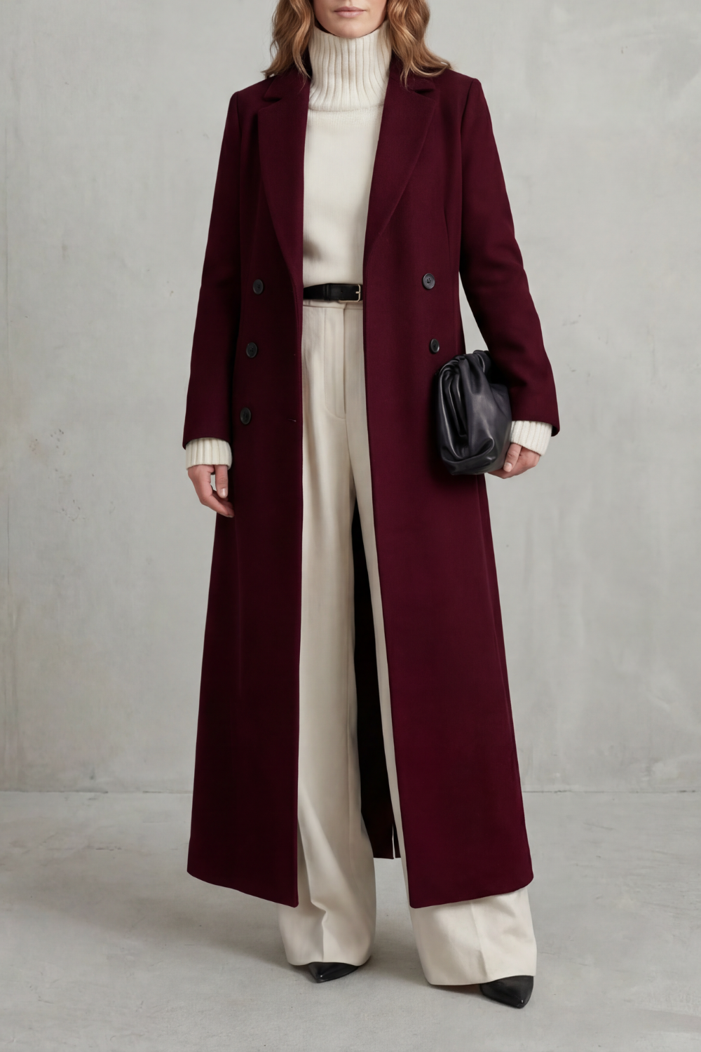 Women's Double Breasted Long Coat with Lapel Collar and Button Front