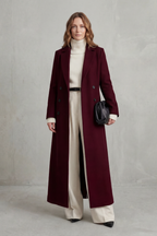 Women's Double Breasted Long Coat with Lapel Collar and Button Front