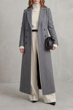 Women's Double Breasted Long Coat with Lapel Collar and Button Front
