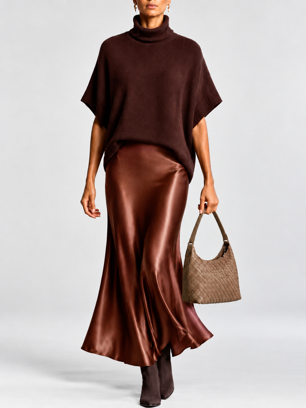 Women's Turtleneck Knit Top and Satin Maxi Skirt Co-Ord Set