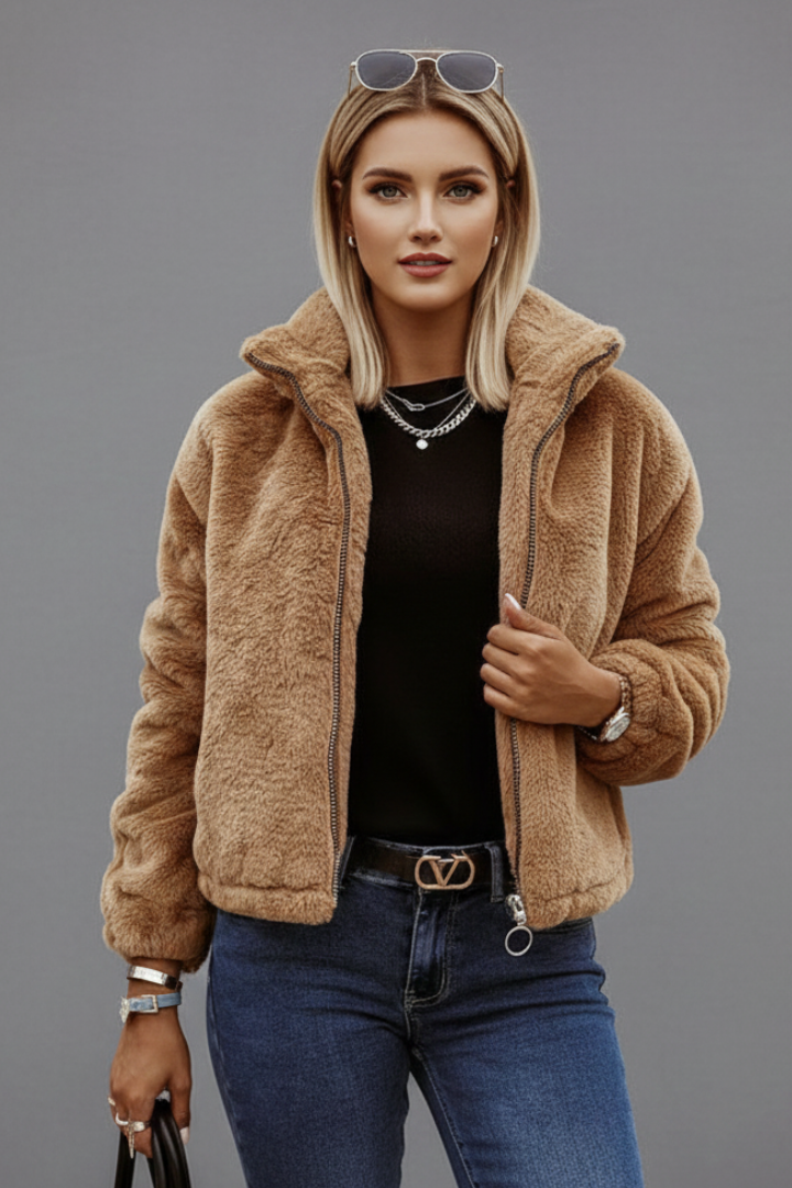 Women's Teddy Fleece Jacket with Stand Collar and Zip Front