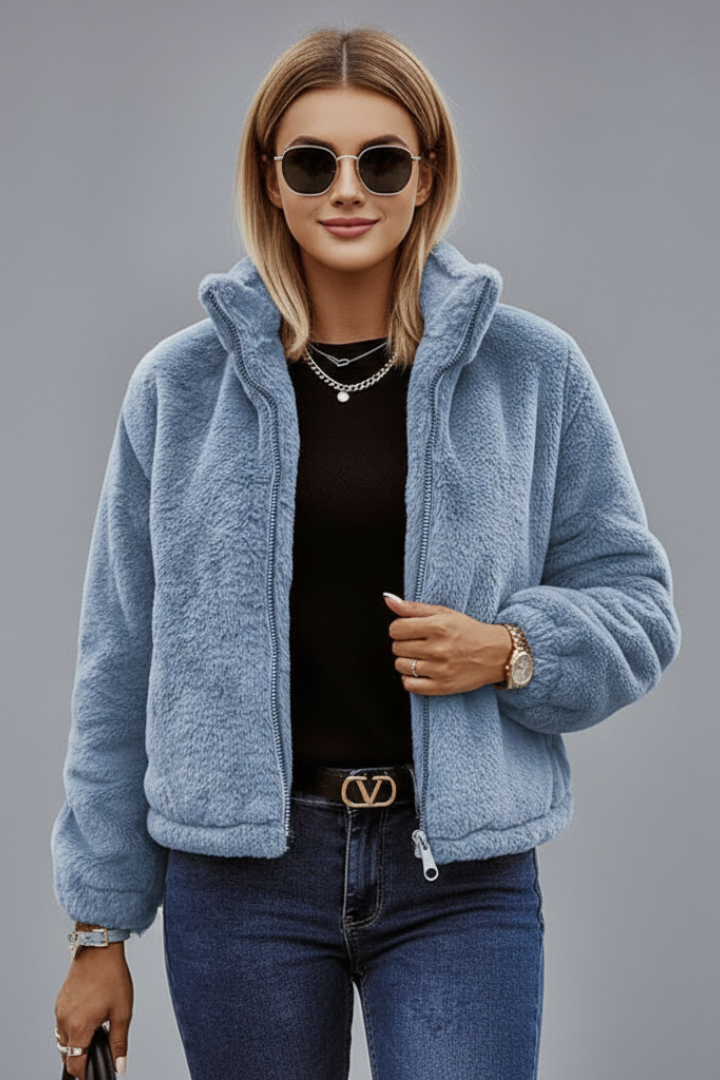 Women's Teddy Fleece Jacket with Stand Collar and Zip Front
