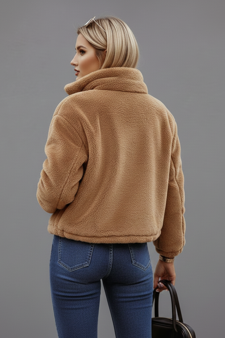 Women's Teddy Fleece Jacket with Stand Collar and Zip Front