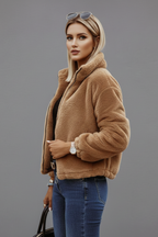 Women's Teddy Fleece Jacket with Stand Collar and Zip Front