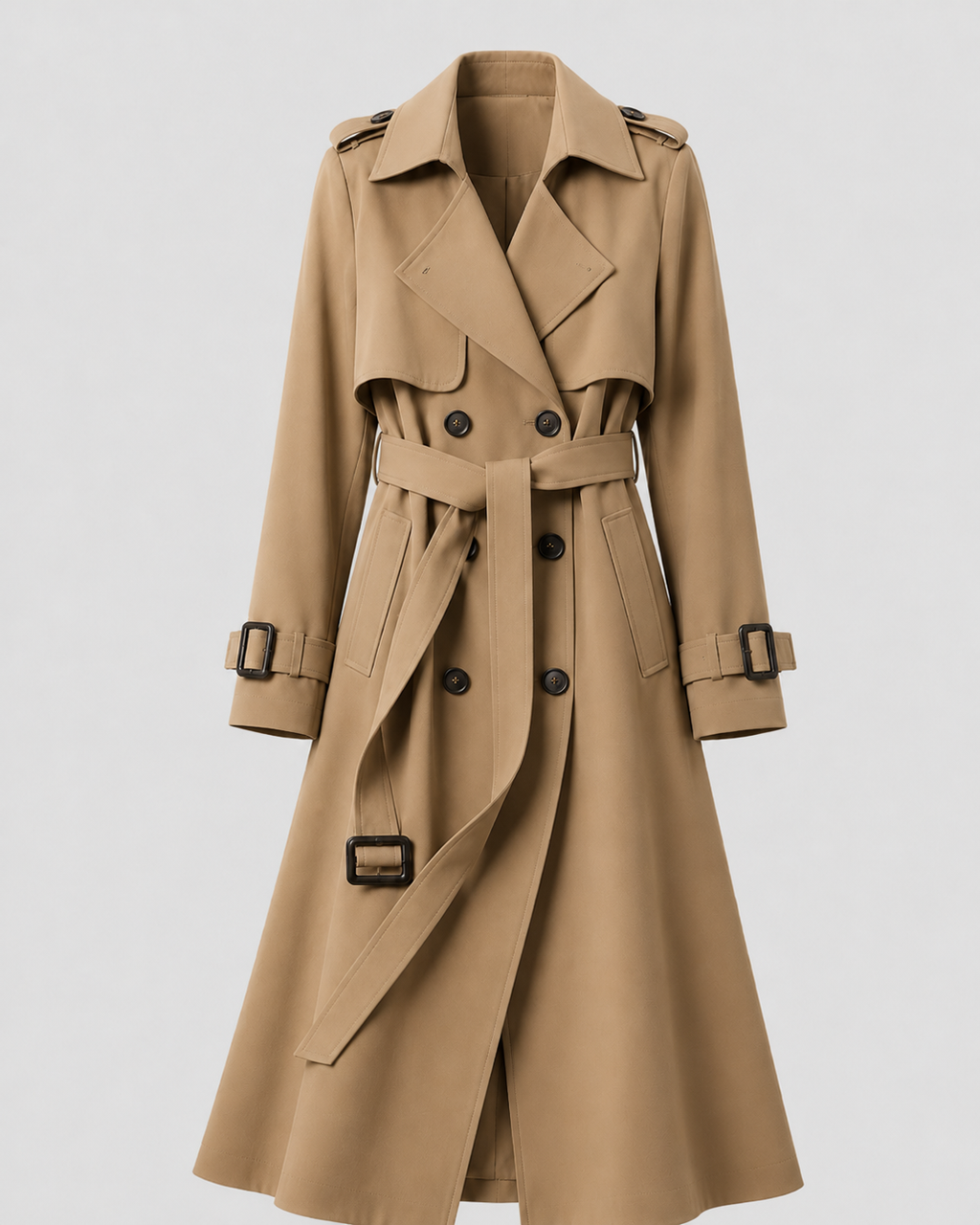 Women's Long Belted Trench Coat with Lapel Collar