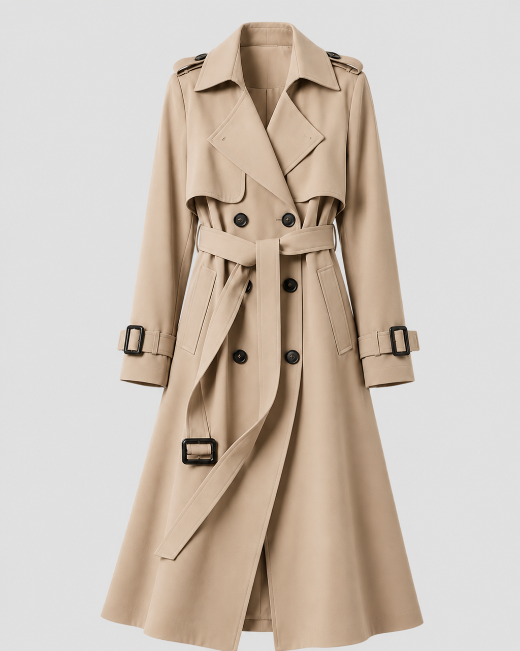 Women's Long Belted Trench Coat with Lapel Collar