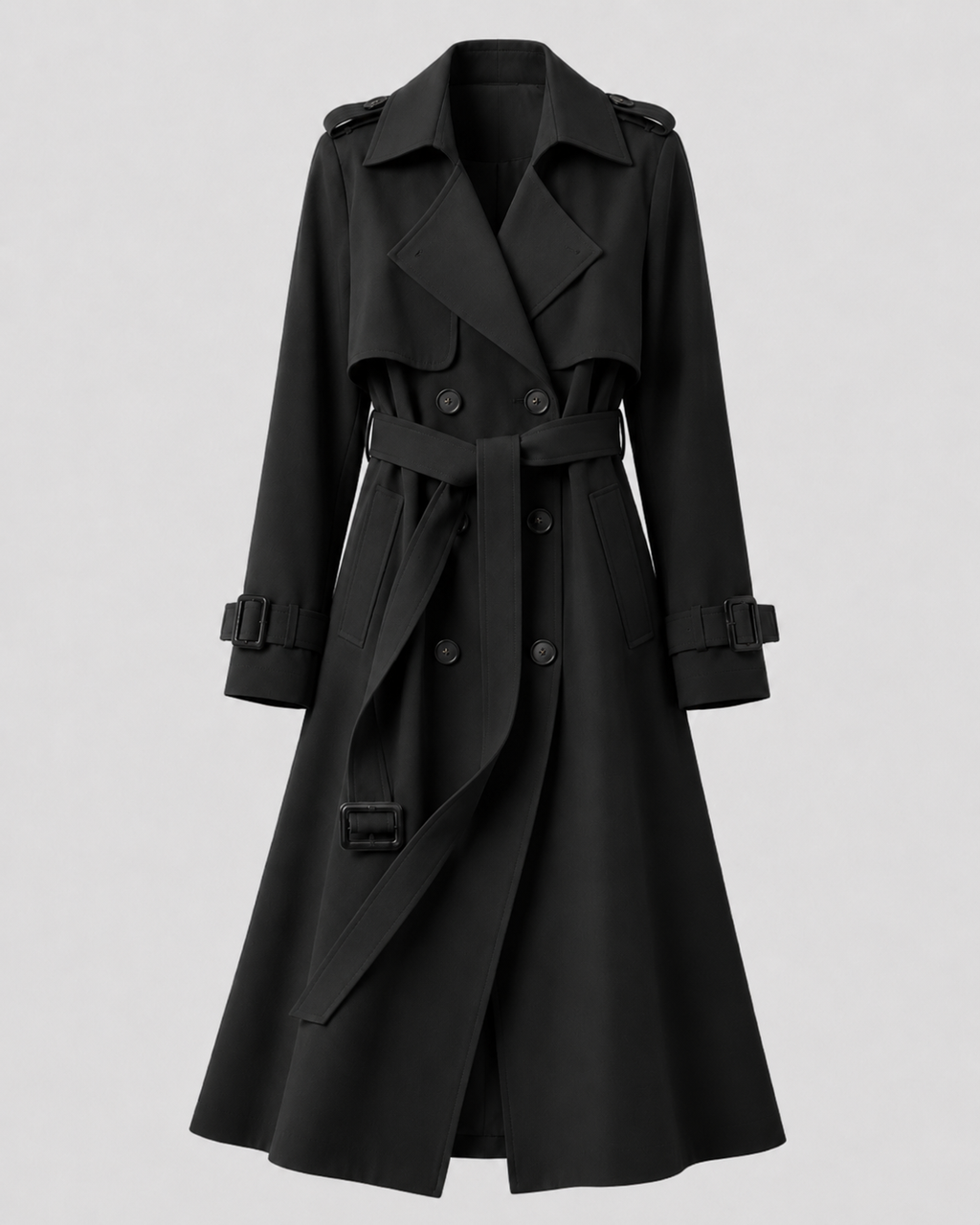 Women's Long Belted Trench Coat with Lapel Collar