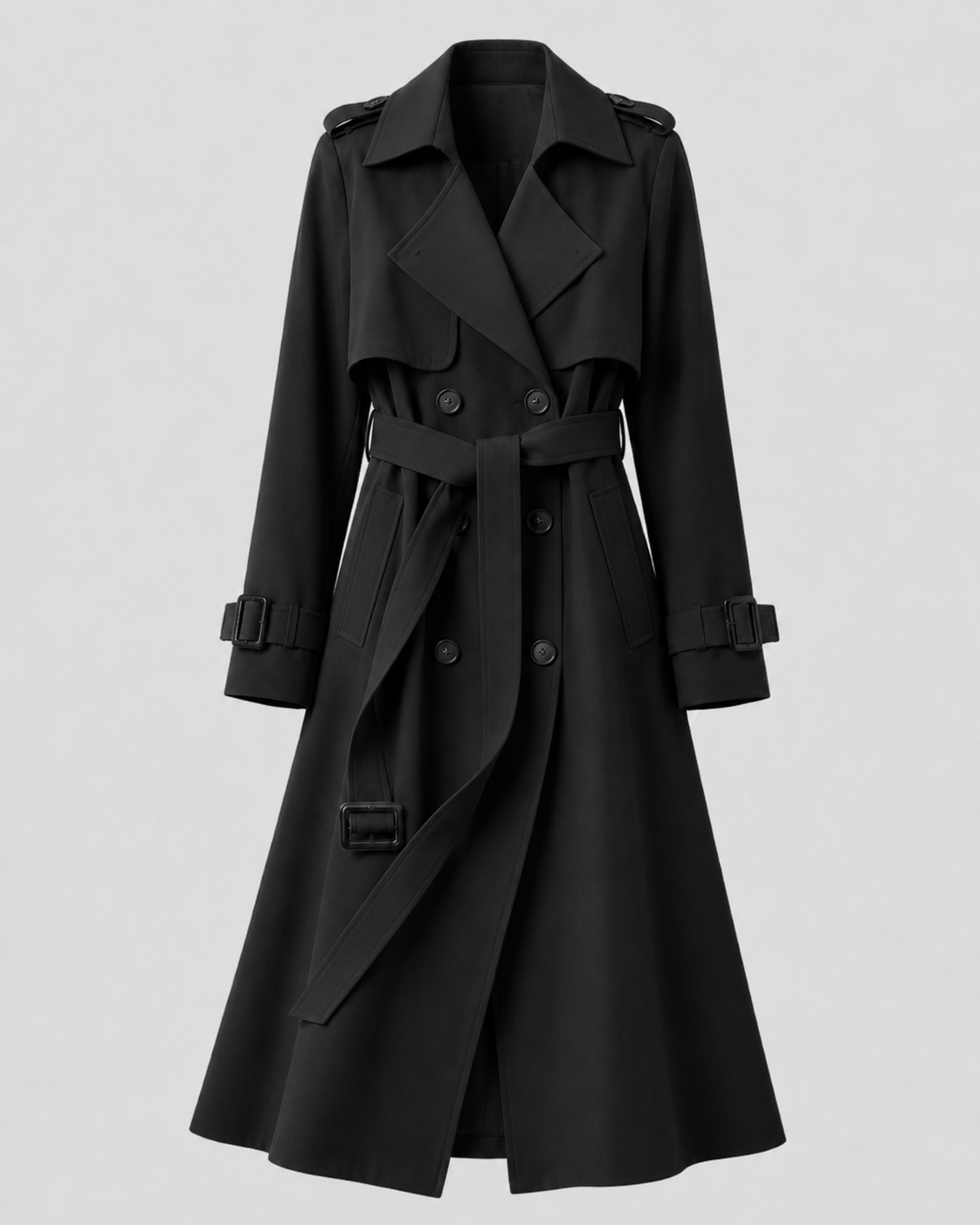 Women's Long Belted Trench Coat with Lapel Collar