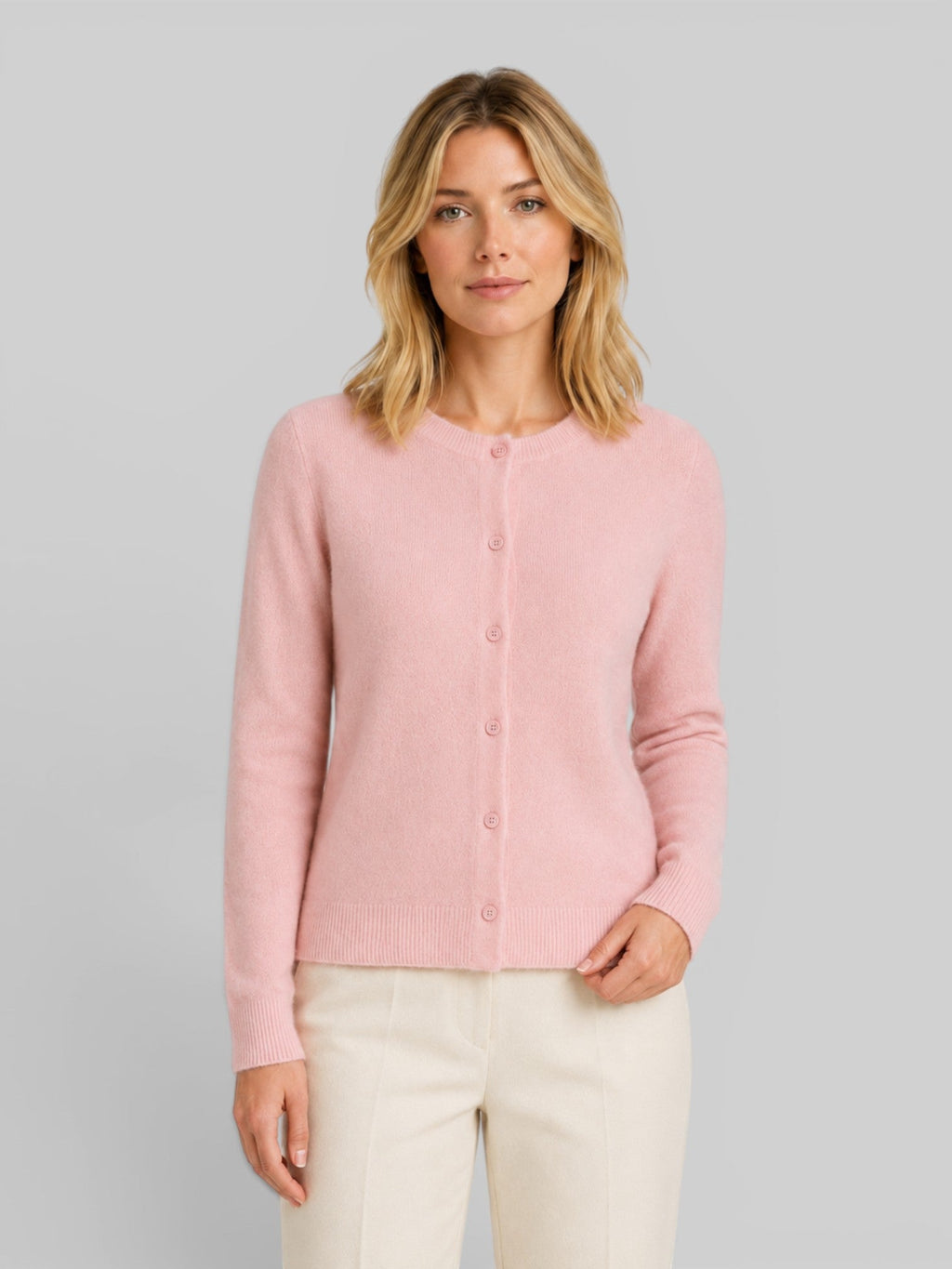 Women's Knit Cardigan with Round Neck and Button Front
