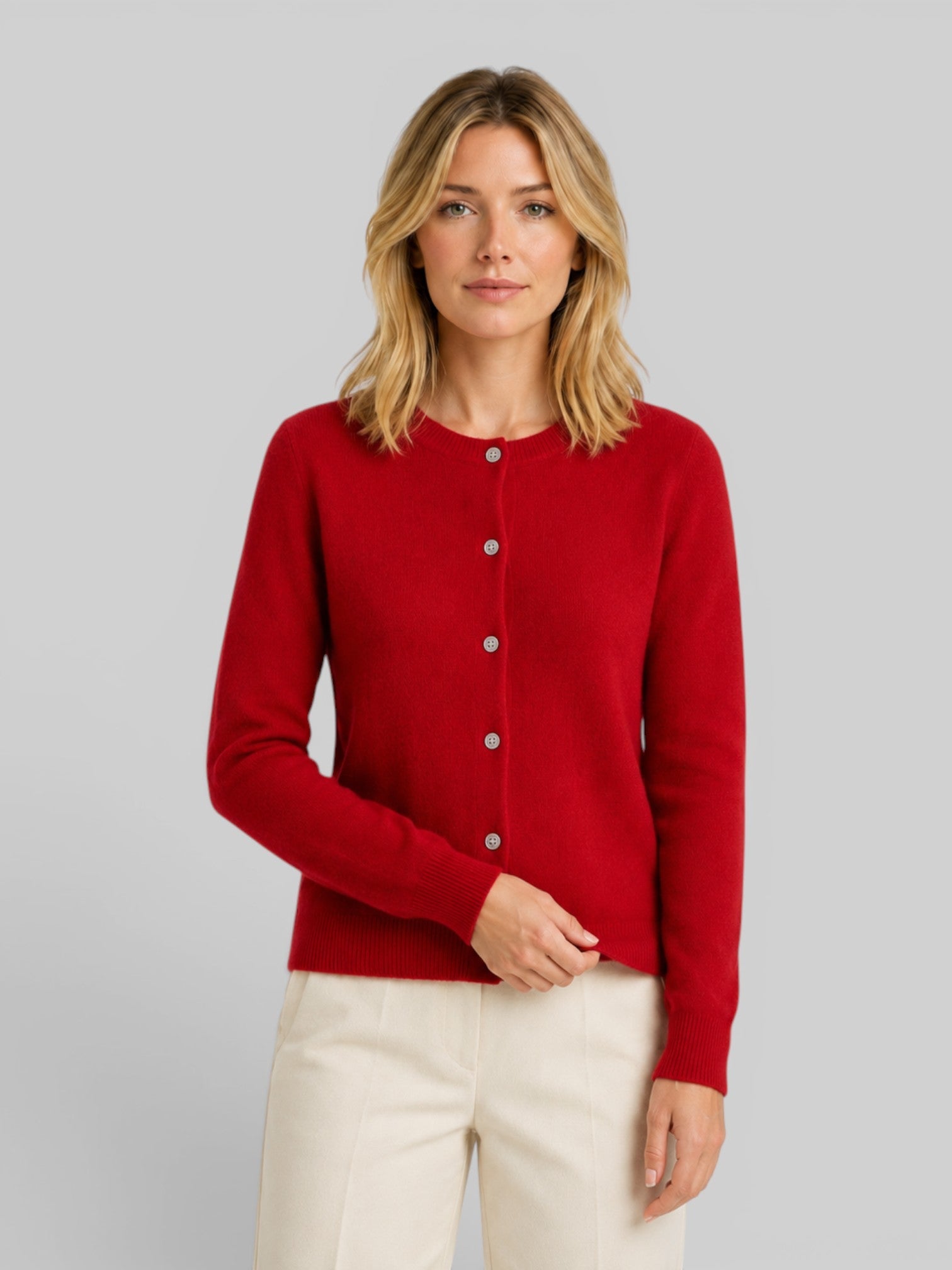 Women's Knit Cardigan with Round Neck and Button Front