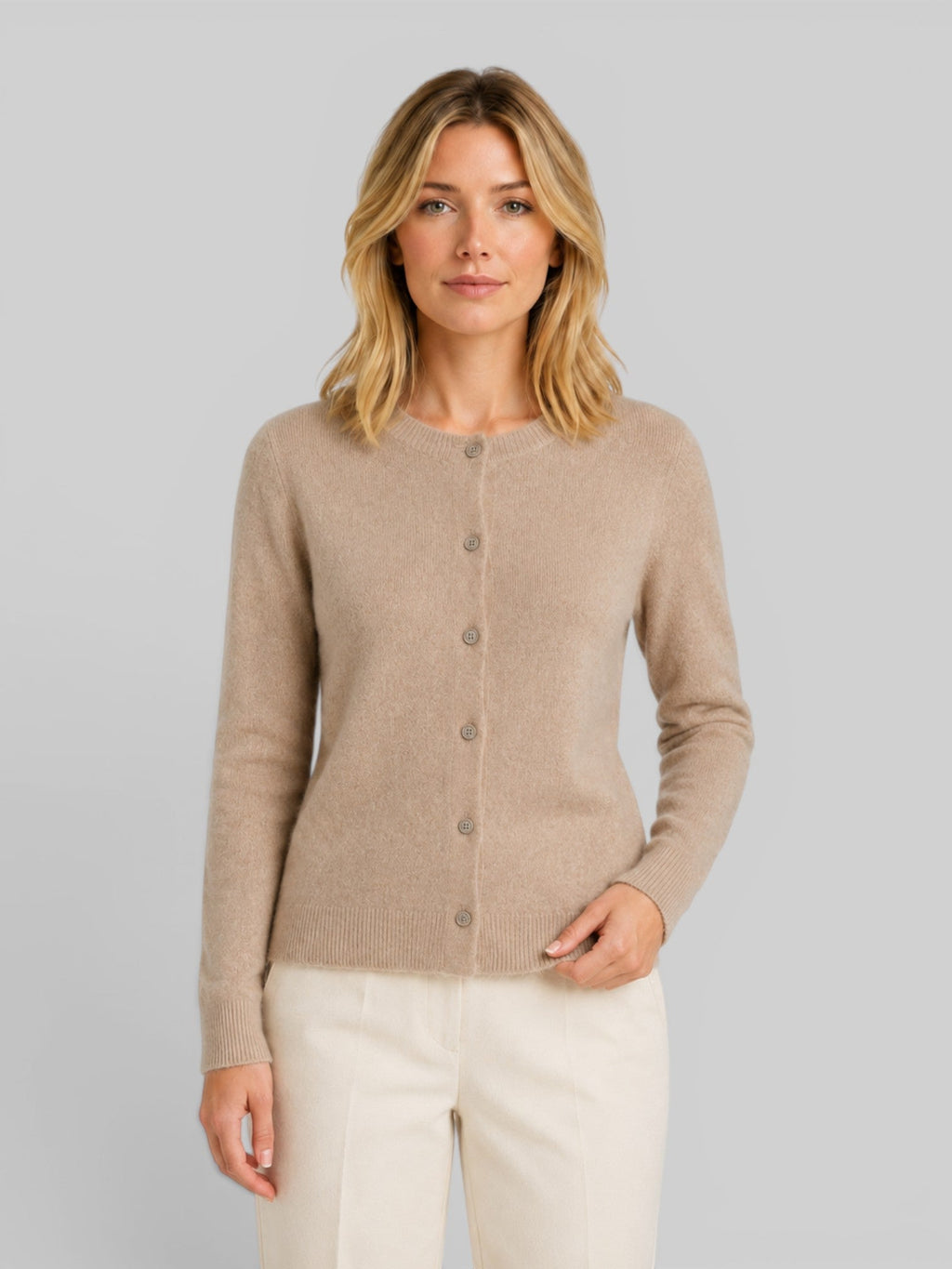 Women's Knit Cardigan with Round Neck and Button Front