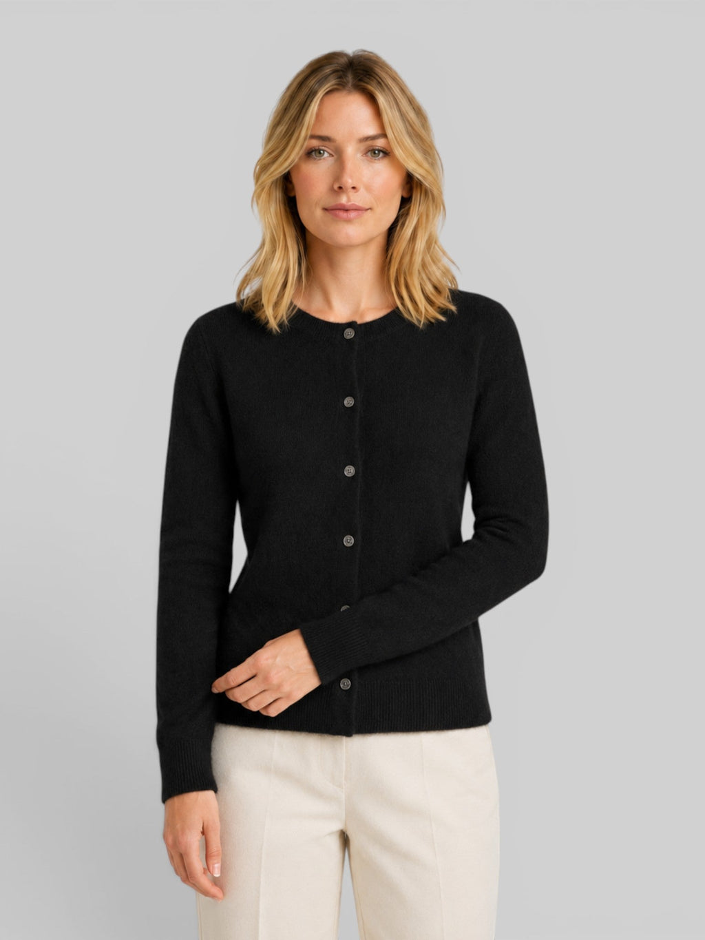 Women's Knit Cardigan with Round Neck and Button Front