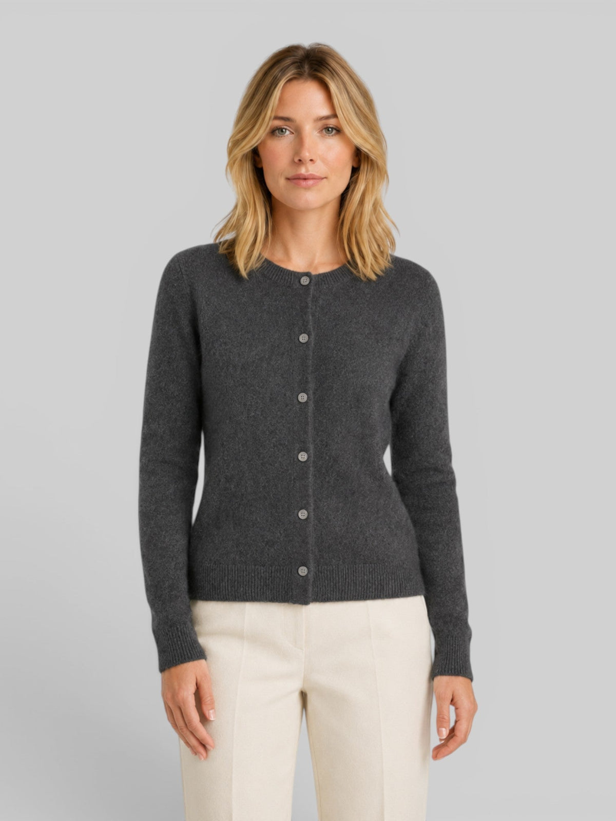 Women's Knit Cardigan with Round Neck and Button Front