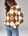 Women's Argyle Knit Crew Neck Jumper with Relaxed Fit