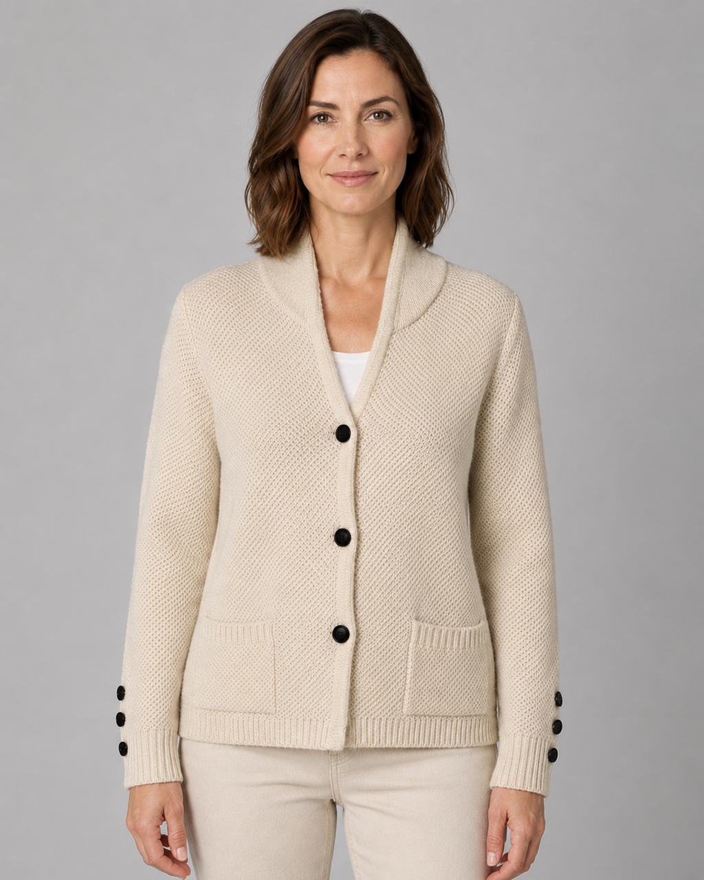Women's Button Front Knit Cardigan with Shawl Collar and Pockets