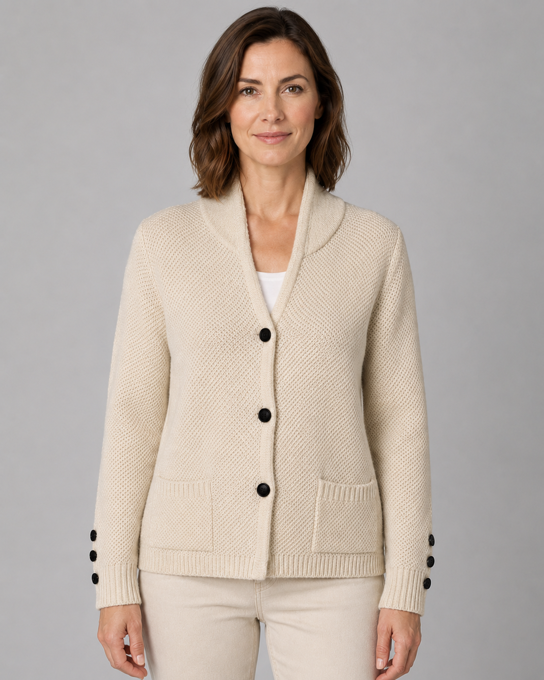 Women's Button Front Knit Cardigan with Shawl Collar and Pockets