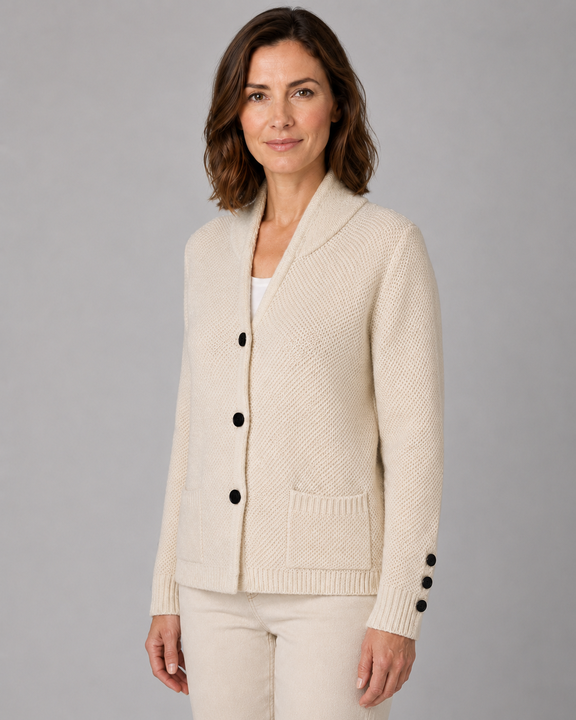 Women's Button Front Knit Cardigan with Shawl Collar and Pockets