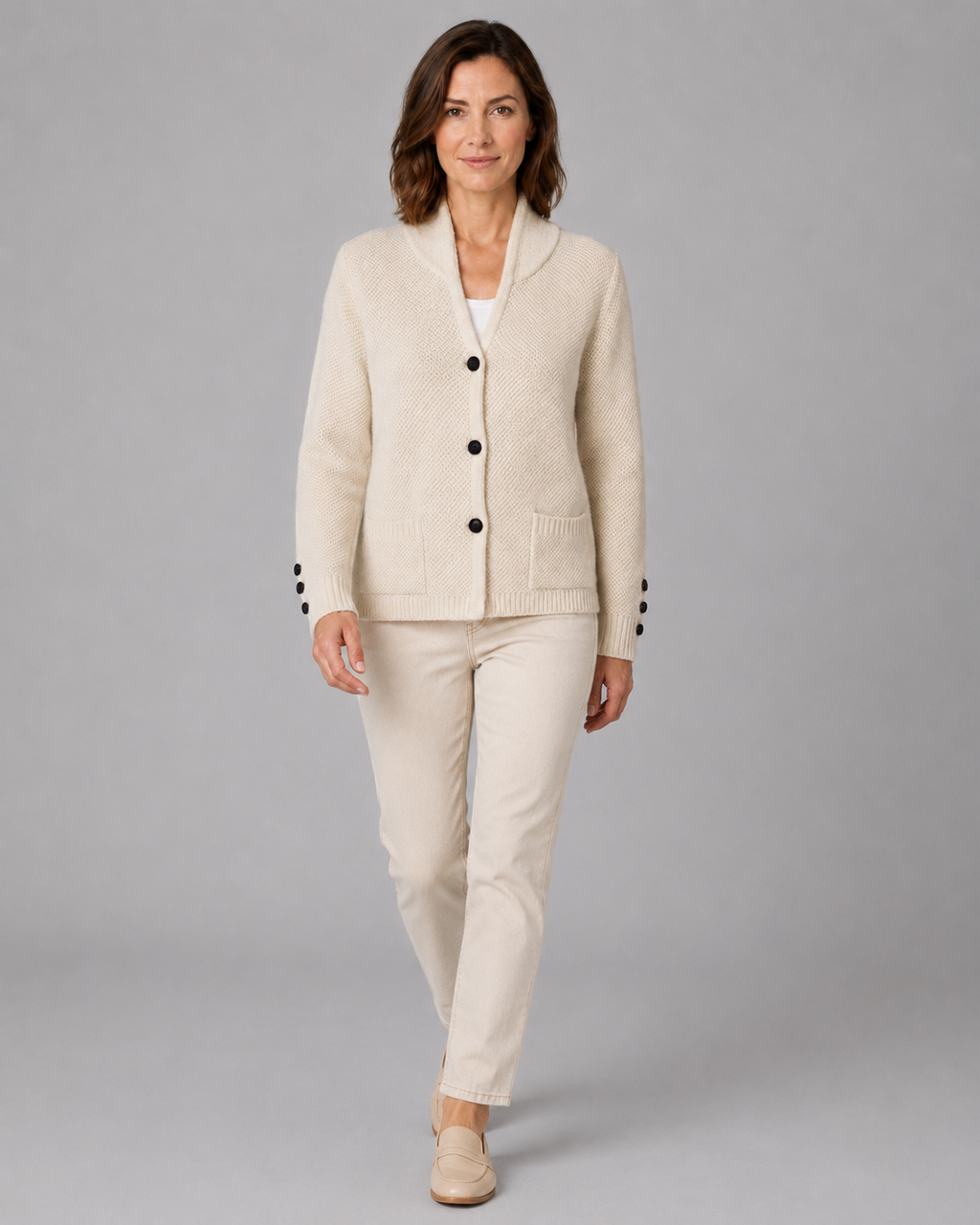 Women's Button Front Knit Cardigan with Shawl Collar and Pockets