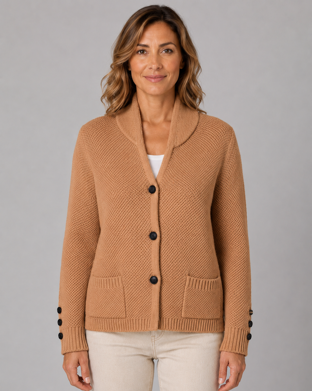 Women's Button Front Knit Cardigan with Shawl Collar and Pockets