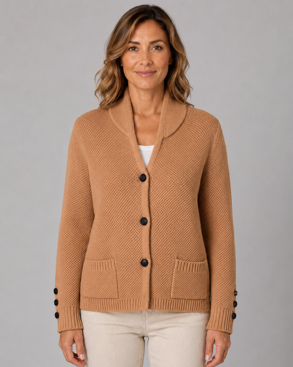 Women's Button Front Knit Cardigan with Shawl Collar and Pockets
