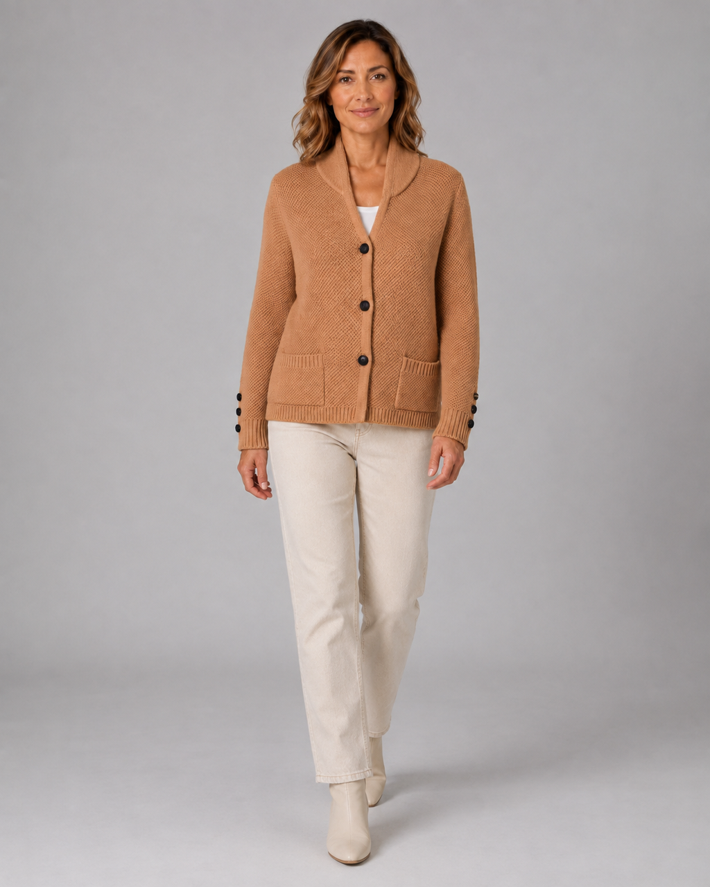 Women's Button Front Knit Cardigan with Shawl Collar and Pockets