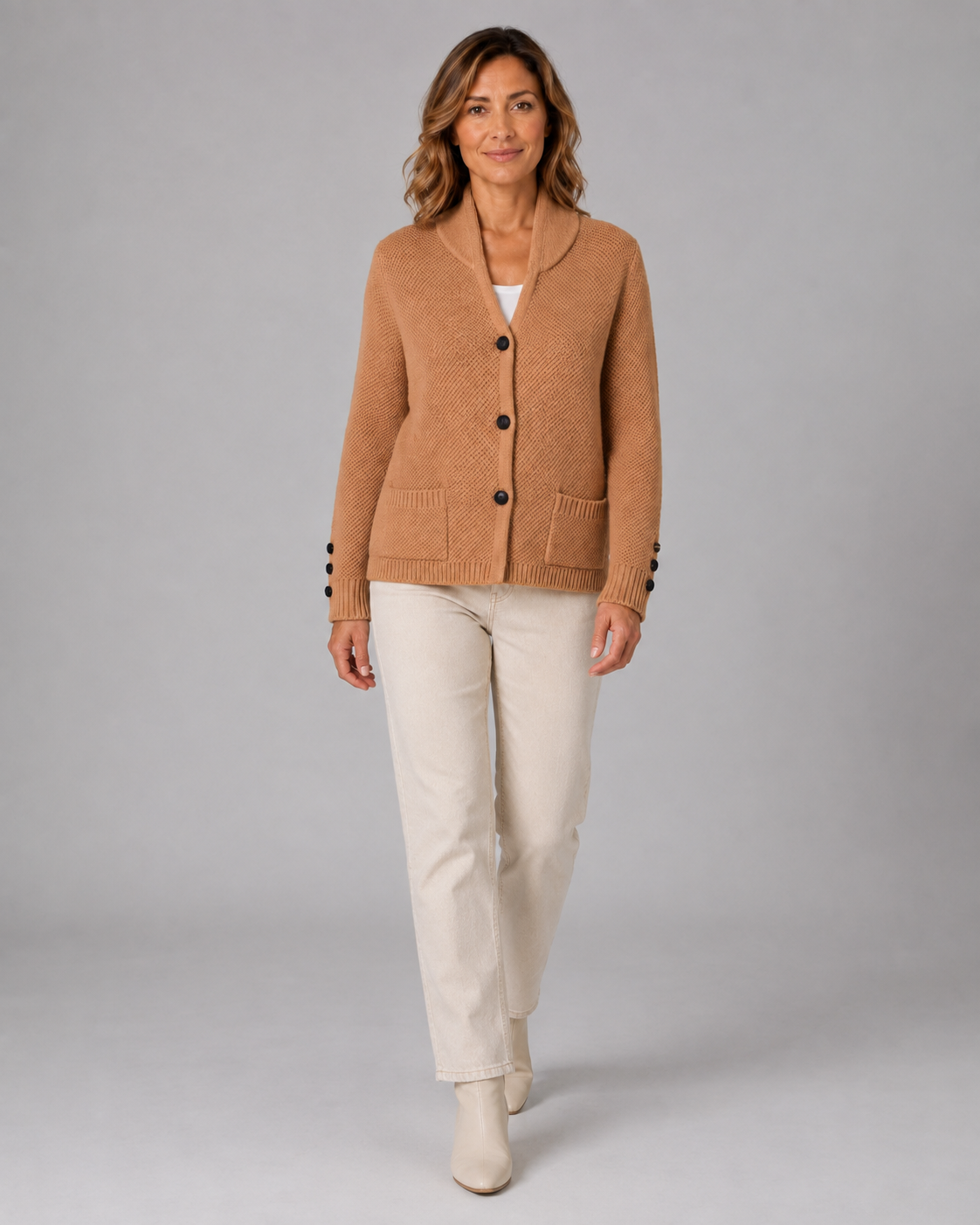 Women's Button Front Knit Cardigan with Shawl Collar and Pockets