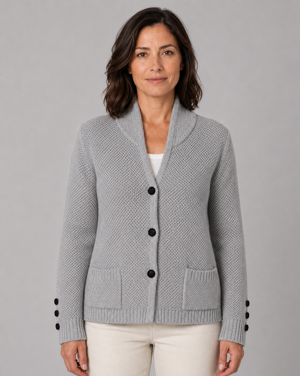 Women's Button Front Knit Cardigan with Shawl Collar and Pockets