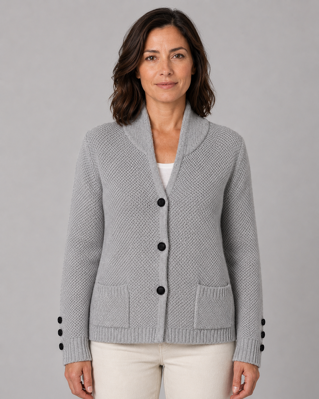 Women's Button Front Knit Cardigan with Shawl Collar and Pockets