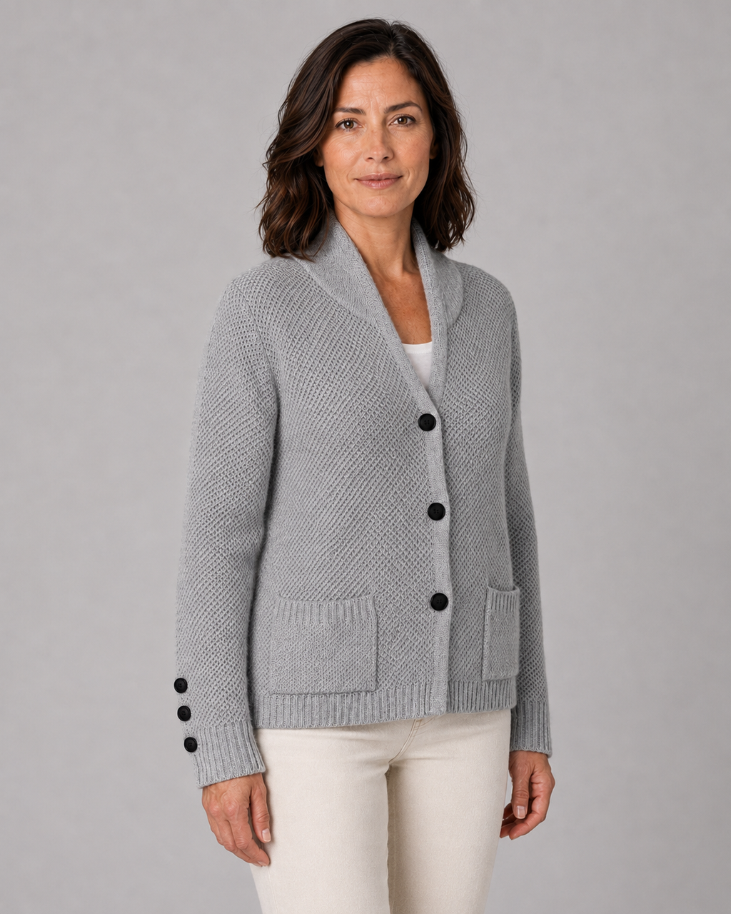Women's Button Front Knit Cardigan with Shawl Collar and Pockets