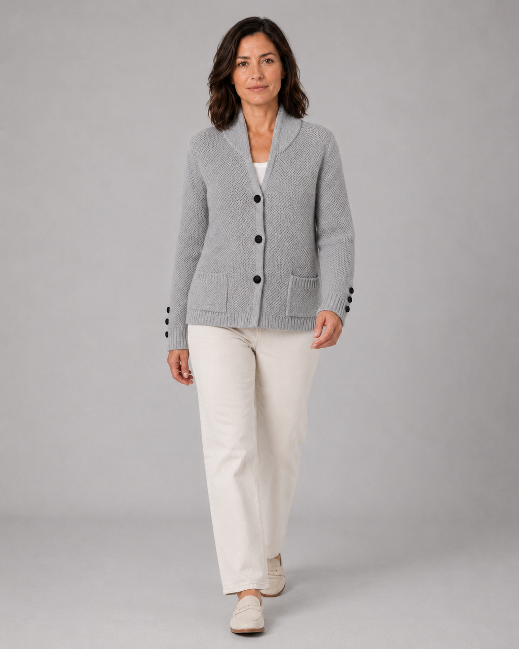 Women's Button Front Knit Cardigan with Shawl Collar and Pockets