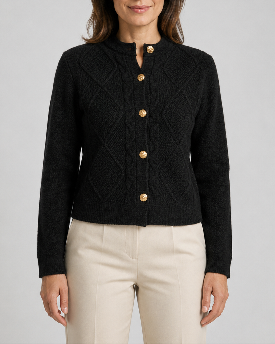 Women's Cable Knit Cardigan with Round Neck and Button Front