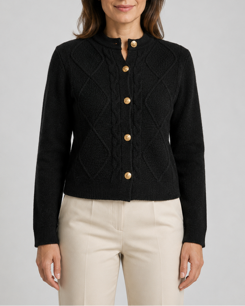 Women's Cable Knit Cardigan with Round Neck and Button Front