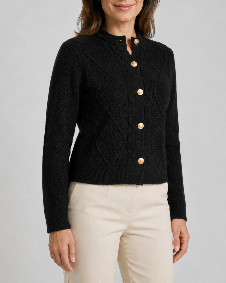 Women's Cable Knit Cardigan with Round Neck and Button Front