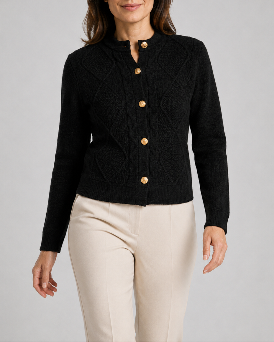 Women's Cable Knit Cardigan with Round Neck and Button Front