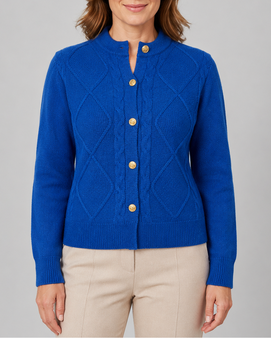 Women's Cable Knit Cardigan with Round Neck and Button Front