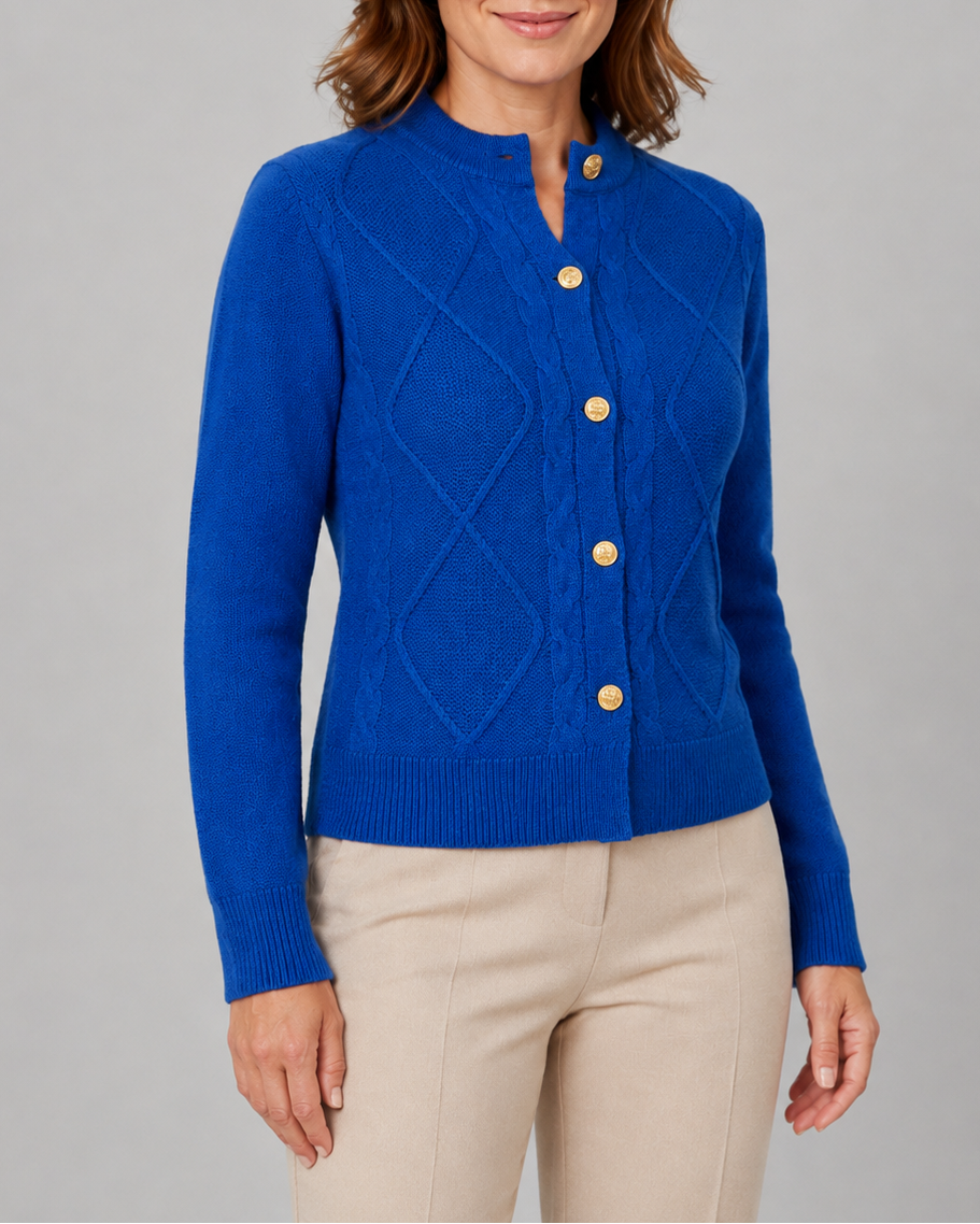 Women's Cable Knit Cardigan with Round Neck and Button Front