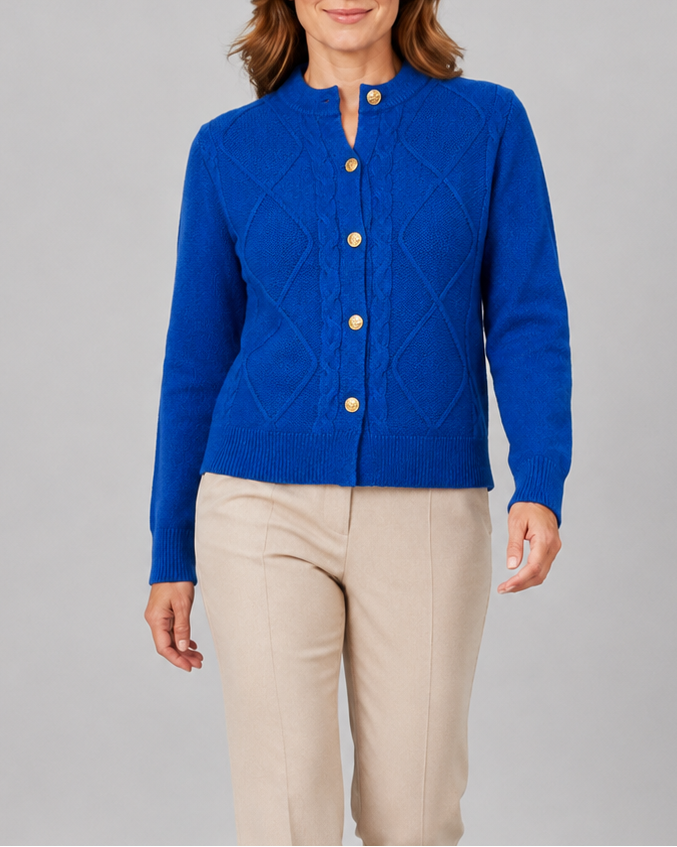 Women's Cable Knit Cardigan with Round Neck and Button Front